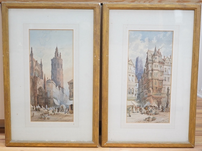 Charles Rousse (fl.1870-1890) pair of watercolours, North European townscapes with figures, 49 x 23cm, each signed, gilt framed. Condition - fair to good